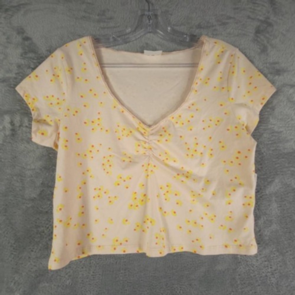 Abound Shirt Womens Crop Top Pink Floral V Neck Ruched Crochet Y2k L‎ New